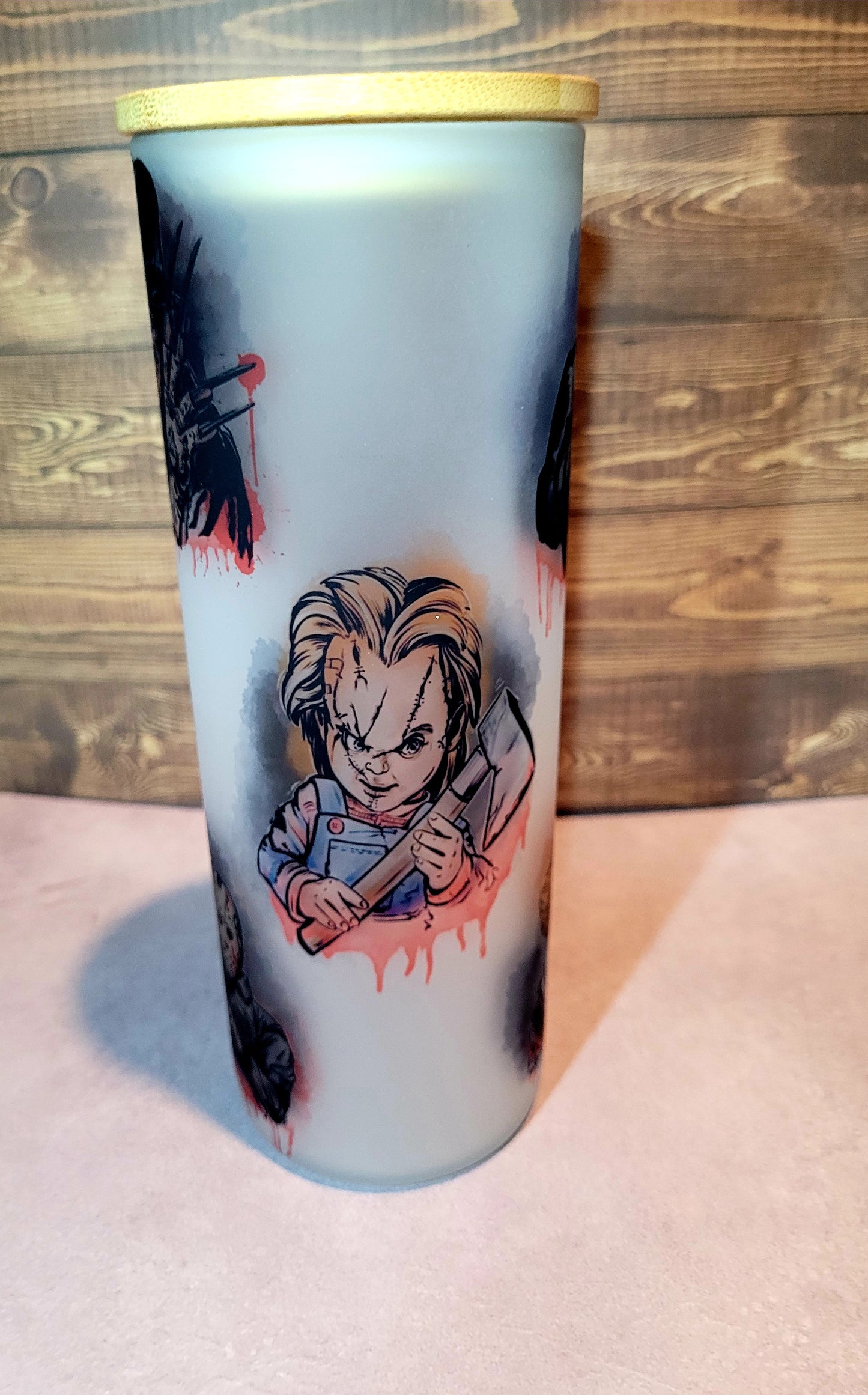 horror character 25oz frosted glass tumbler Dollys Print Shop LLC