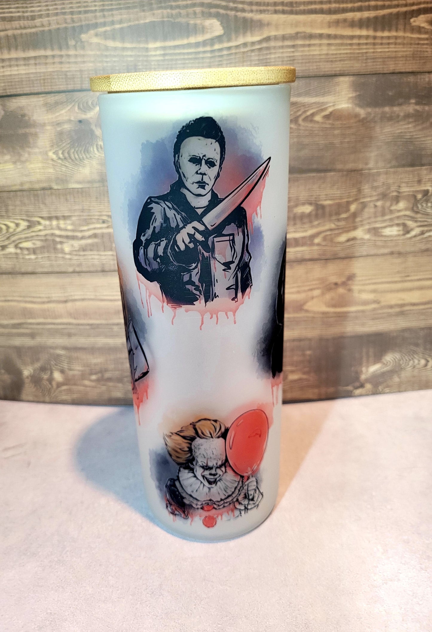 horror character 25oz frosted glass tumbler Dollys Print Shop LLC