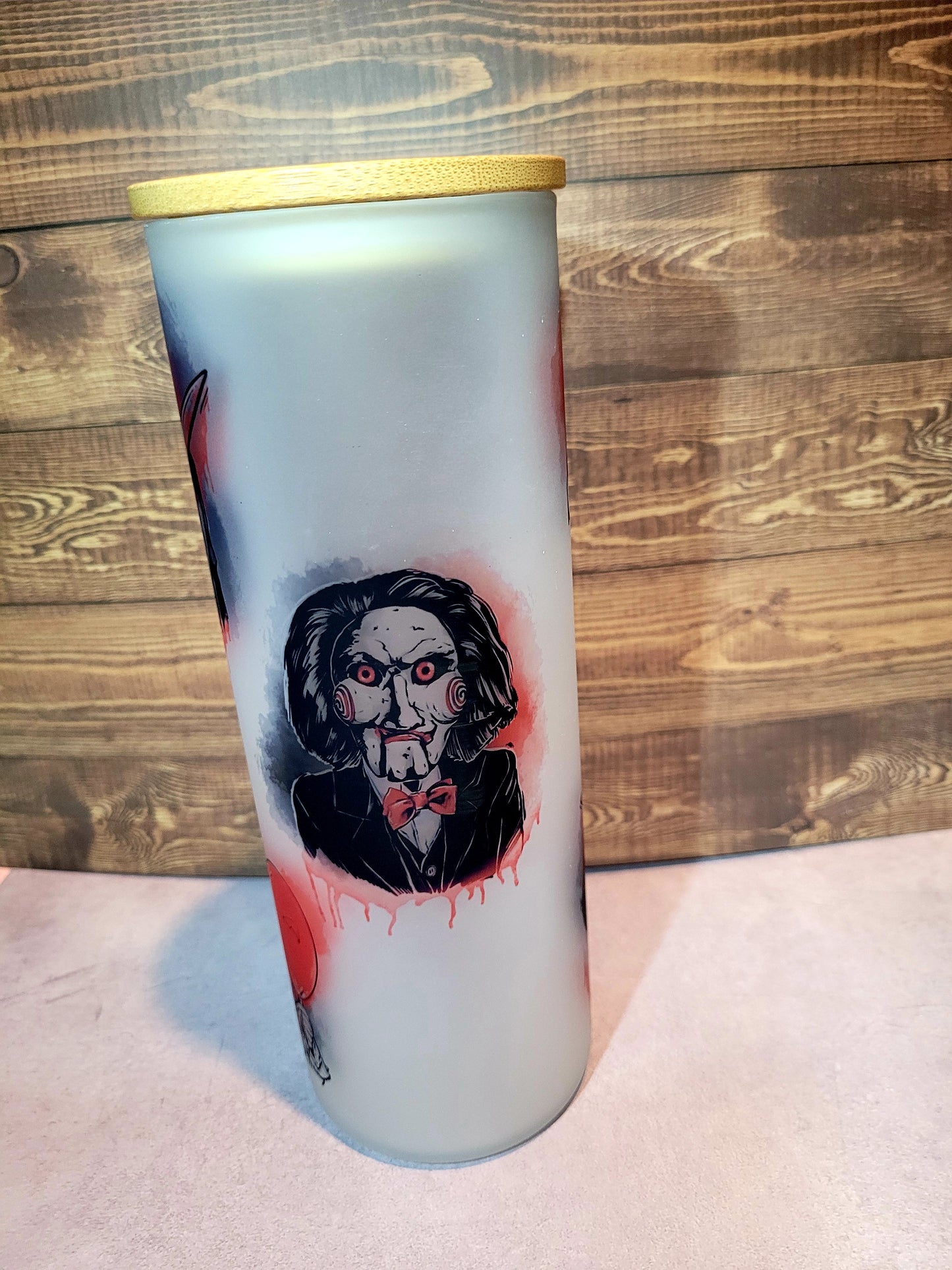 horror character 25oz frosted glass tumbler Dollys Print Shop LLC