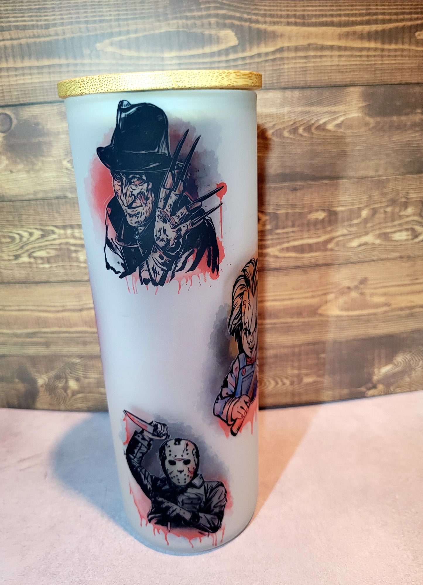 horror character 25oz frosted glass tumbler Dollys Print Shop LLC