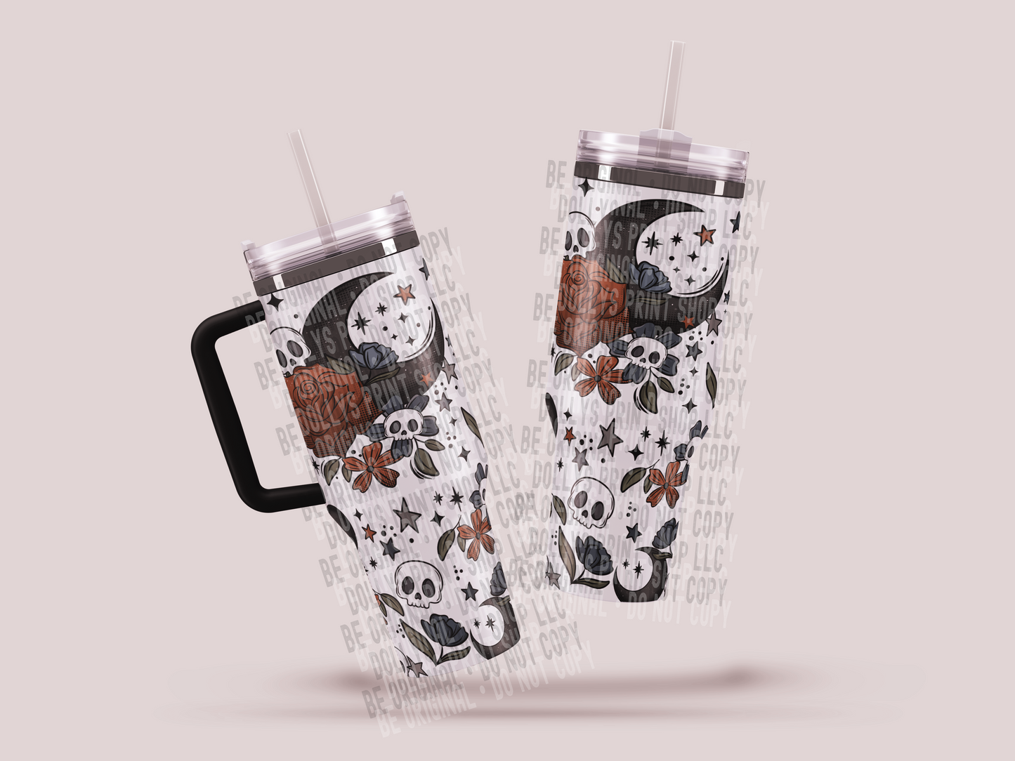 Floral Moon Tumbler with Black Handle Dollys Print Shop LLC