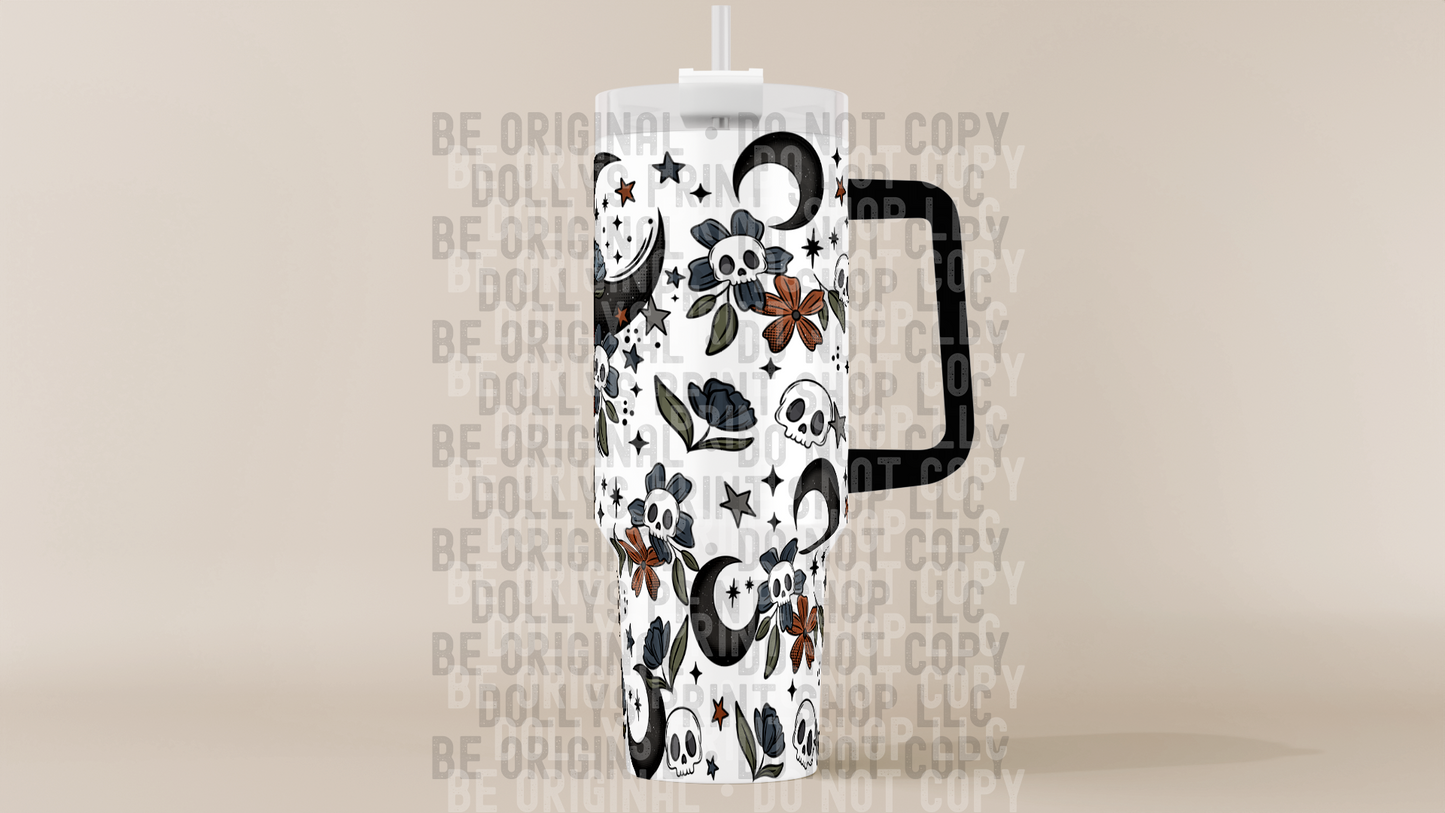 Floral Moon Tumbler with Black Handle Dollys Print Shop LLC