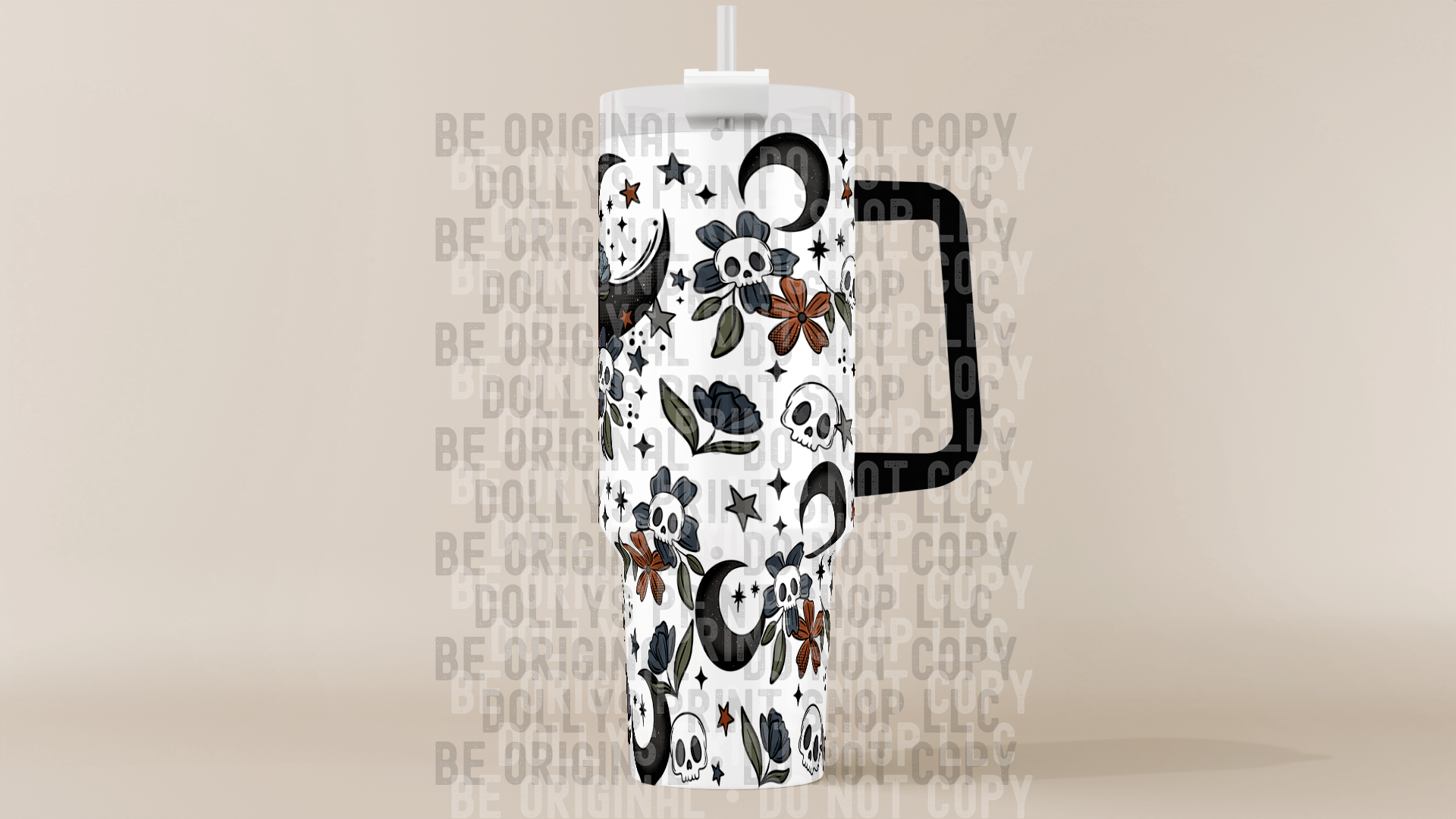 Floral Moon Tumbler with Black Handle Dollys Print Shop LLC