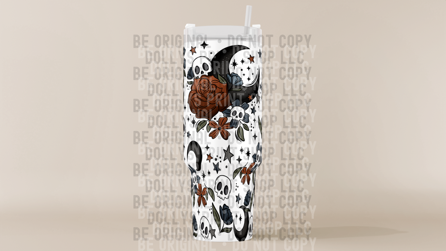 Floral Moon Tumbler with Black Handle Dollys Print Shop LLC