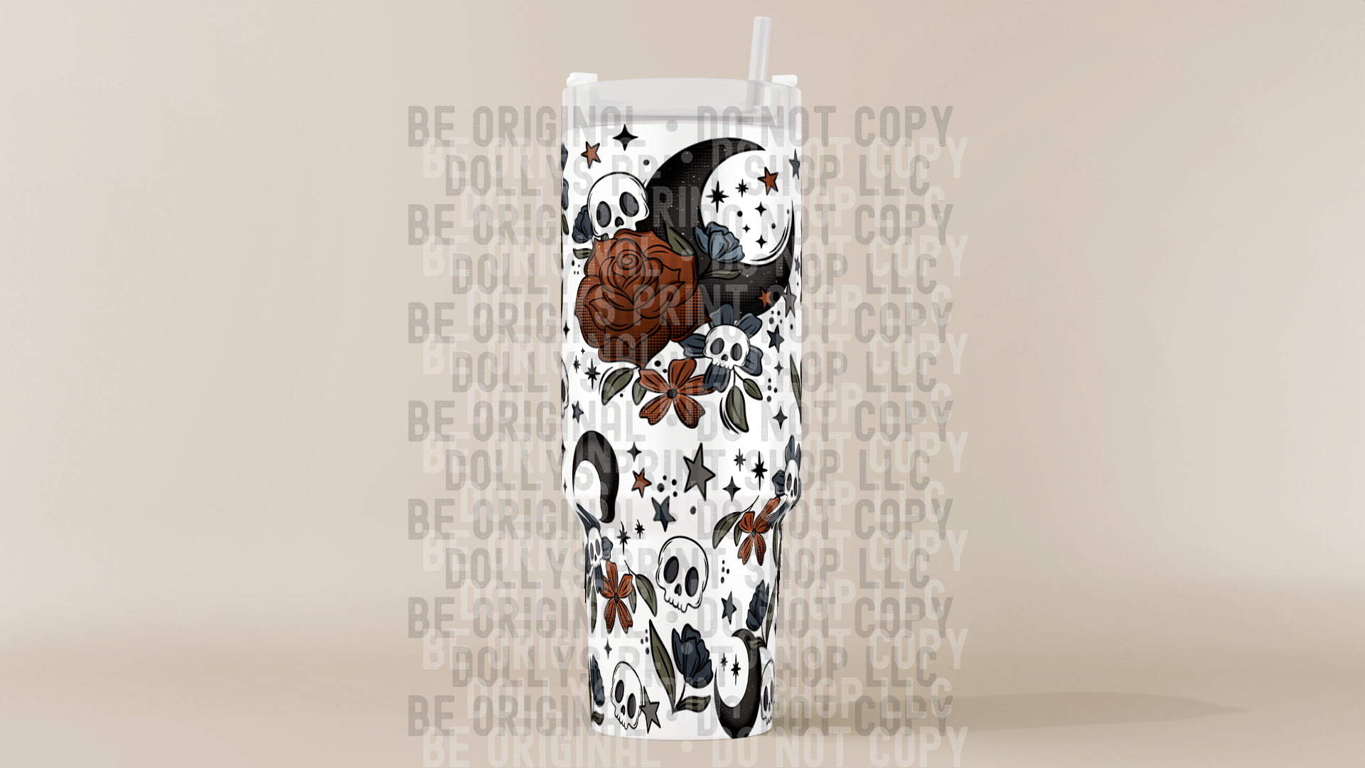 Floral Moon Tumbler with Black Handle Dollys Print Shop LLC