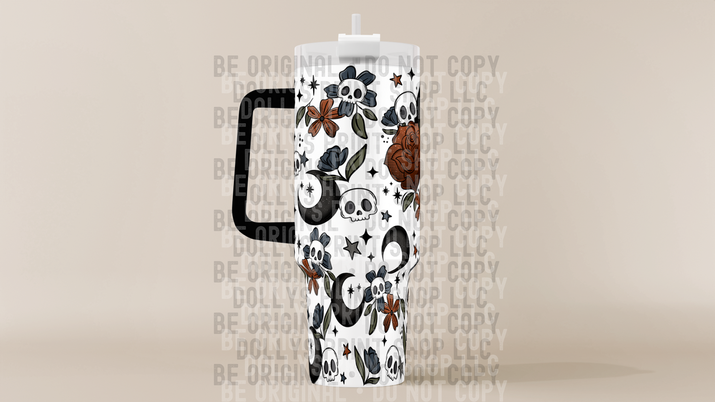 Floral Moon Tumbler with Black Handle Dollys Print Shop LLC