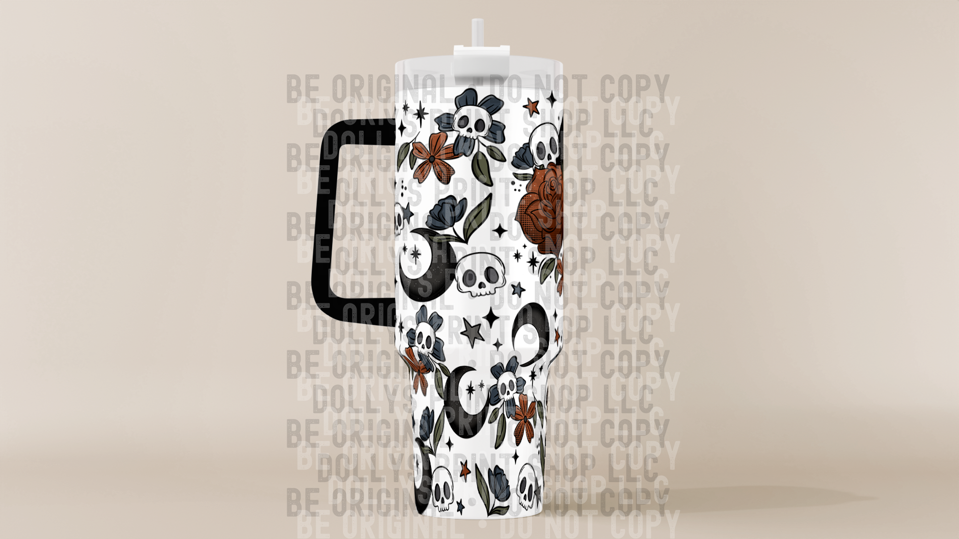 Floral Moon Tumbler with Black Handle Dollys Print Shop LLC