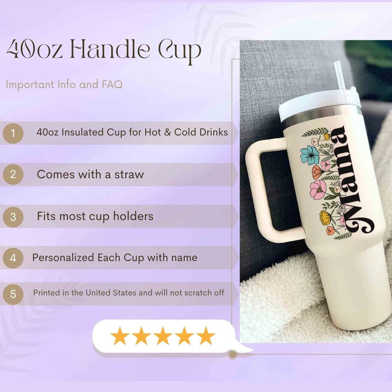 Floral Moon Tumbler with Black Handle Dollys Print Shop LLC