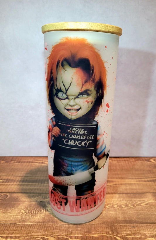 Chucky Frosted Glass 25oz Tumbler Dollys Print Shop LLC