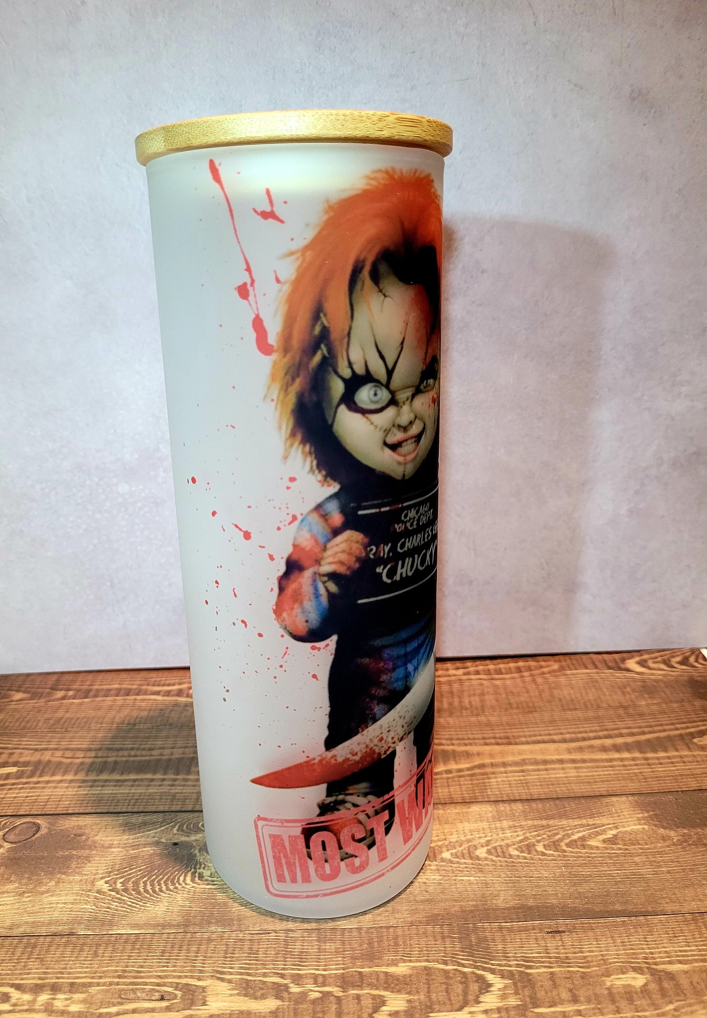 Chucky Frosted Glass 25oz Tumbler Dollys Print Shop LLC