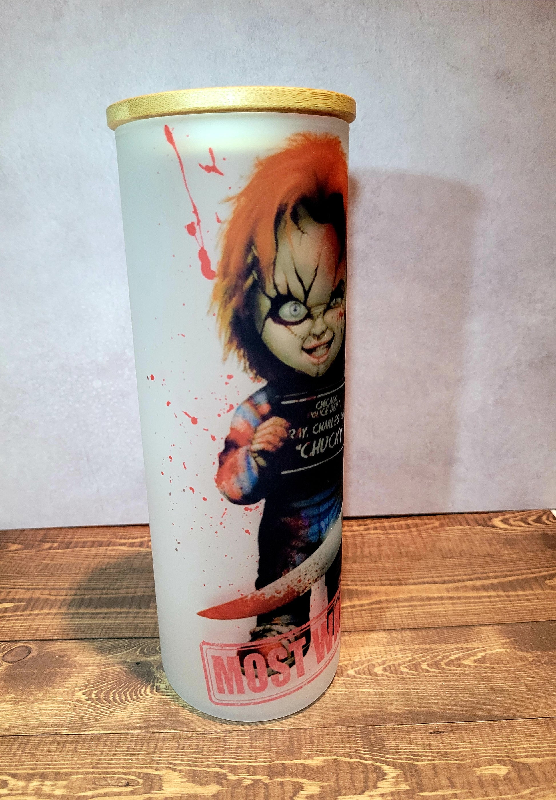 Chucky Frosted Glass 25oz Tumbler Dollys Print Shop LLC