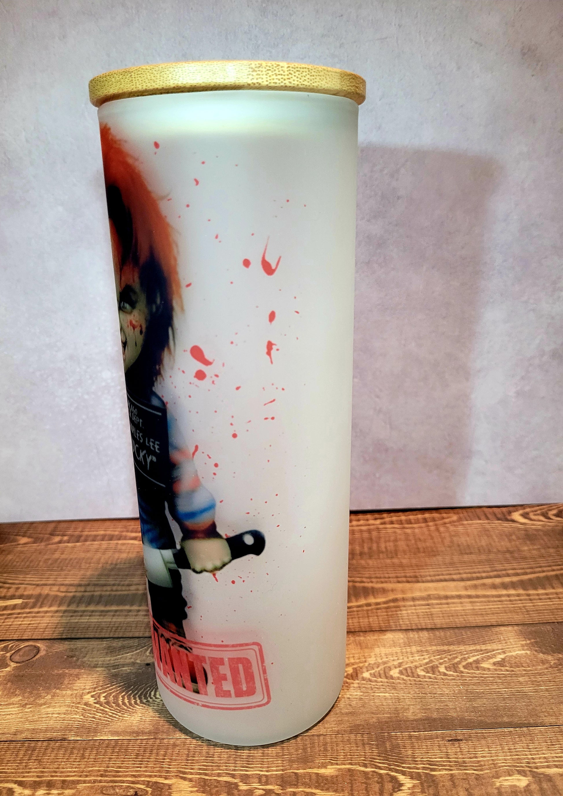 Chucky Frosted Glass 25oz Tumbler Dollys Print Shop LLC